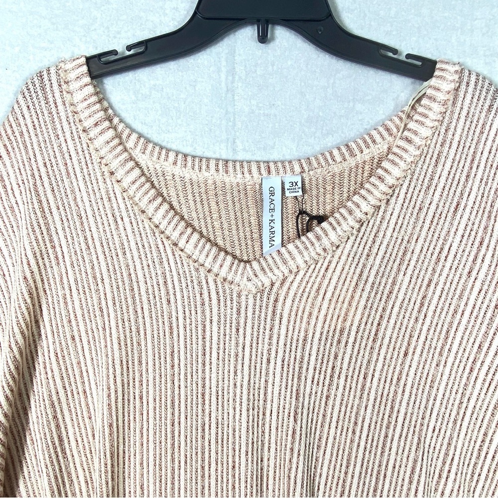 Grace + Karma Rib Top Women's 3X Rust Cream Striped V Neck Short Sleeve NWT - Picture 2 of 10